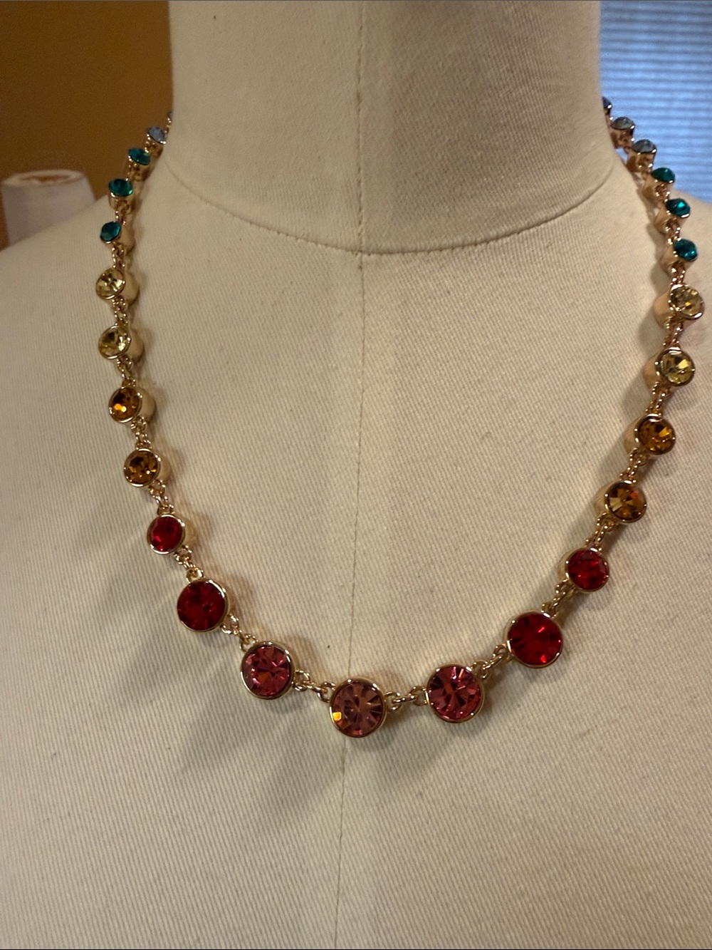 J. Crew Factory Gold Necklace with Red, Pink, Amber & Teal Crystals